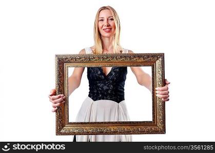 Young woman with picture frame on white
