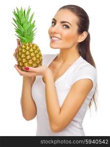 Young woman with pineapple isolated