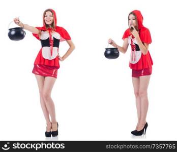 Young woman with pot isolated on white  