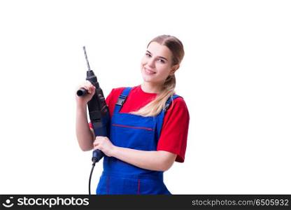 Young woman with power drill isolated on white