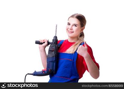 Young woman with power drill isolated on white