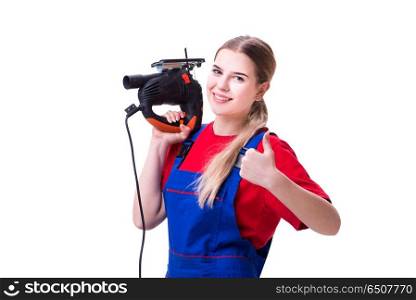 Young woman with power saw isolated on white