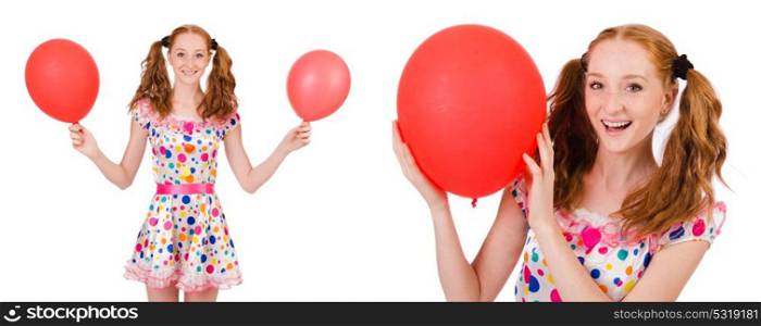 Young woman with red balloon isolated on white. The young woman with red balloon isolated on white