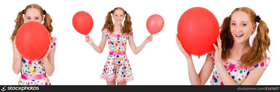Young woman with red balloon isolated on white