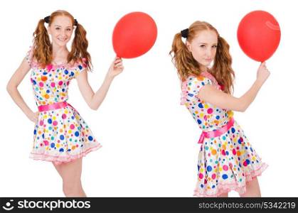 Young woman with red balloon isolated on white