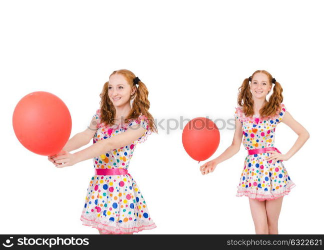 Young woman with red balloon isolated on white