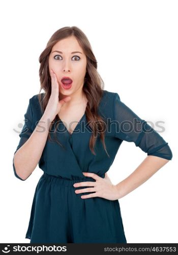 Young woman with red lips shouting isolated on a white background