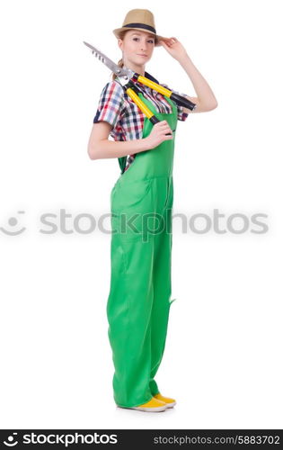 Young woman with shears on white