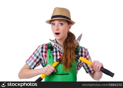 Young woman with shears on white