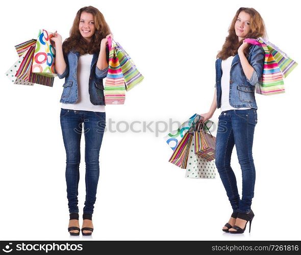 Young woman with shopping bags isolated on white . Young woman with shopping bags isolated on white