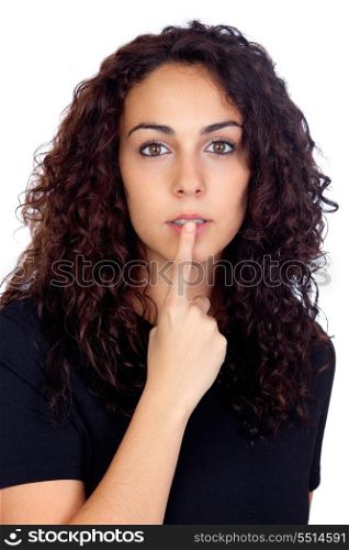 Young woman with silence sign isolated on white background