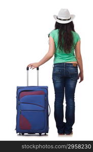 Young woman with suitcase isolated on white