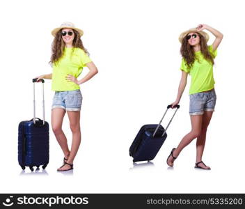 Young woman with suitcase isolated on white