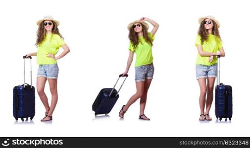 Young woman with suitcase isolated on white