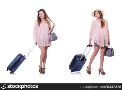 Young woman with suitcase isolated on white