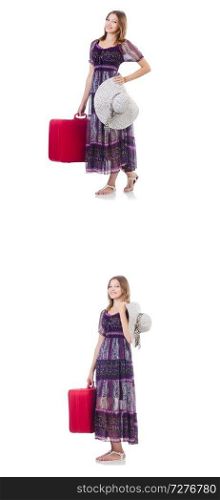 Young woman with suitcase isolated on white 