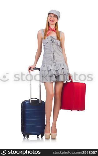 Young woman with suitcase on white