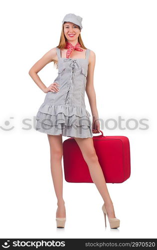 Young woman with suitcase on white