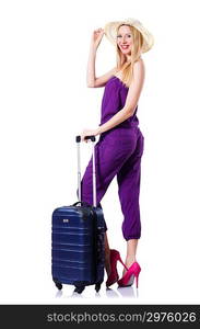 Young woman with suitcase on white