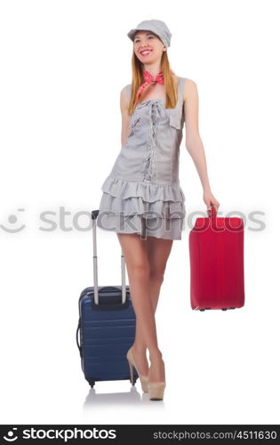 Young woman with suitcase on white