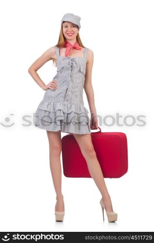 Young woman with suitcase on white