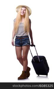 Young woman with suitcase on white