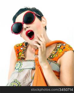 young woman with sunglasses and bag over white background