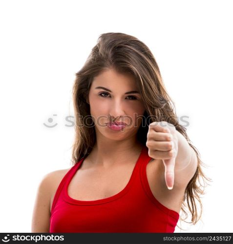 Young woman with thumbs down, isolated over a white background