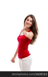 Young woman with thumbs up, isolated over a white background