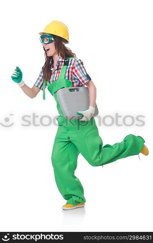 Young woman with toolkit on white