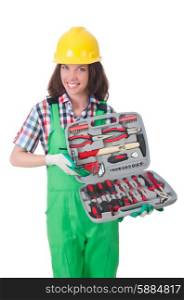 Young woman with toolkit on white
