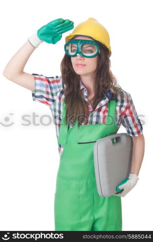 Young woman with toolkit on white