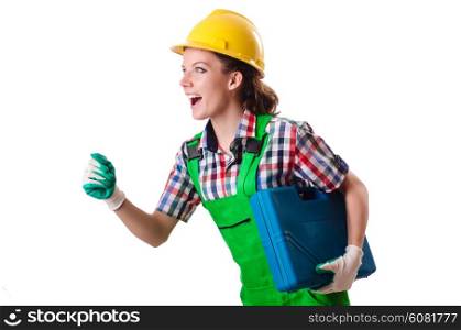 Young woman with toolkit on white