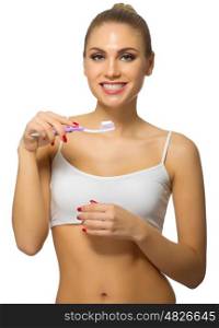 Young woman with toothbrush isolated