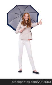 Young woman with umbrella on white