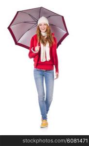 Young woman with umbrella on white