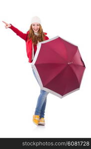 Young woman with umbrella on white