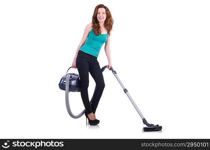 Young woman with vacuum cleaner on white