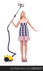 Young woman with vacuum cleaner on white