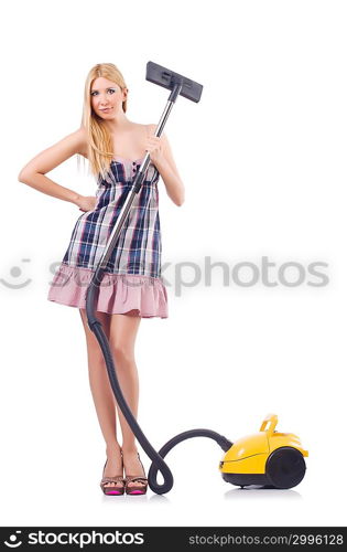 Young woman with vacuum cleaner on white