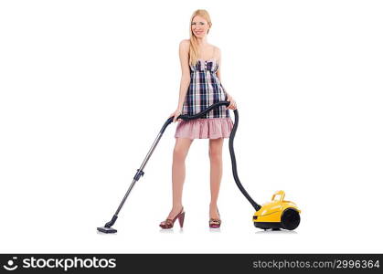 Young woman with vacuum cleaner on white