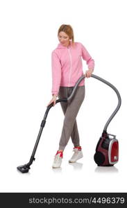 Young woman with vacuum cleaner on white