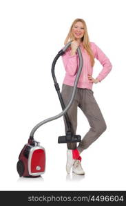 Young woman with vacuum cleaner on white