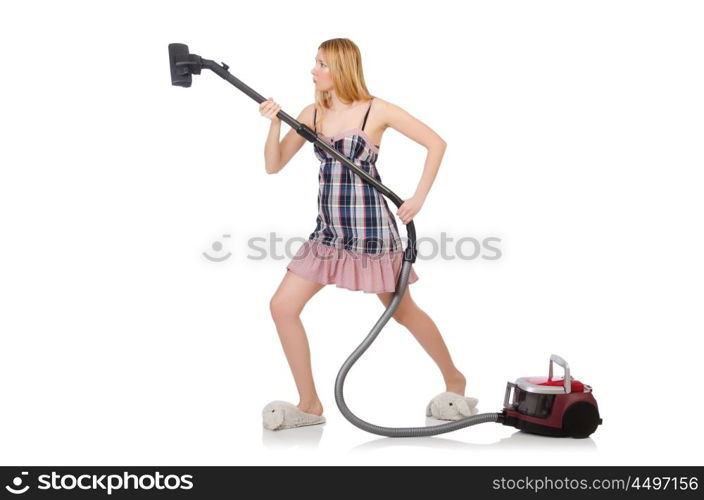 Young woman with vacuum cleaner on white