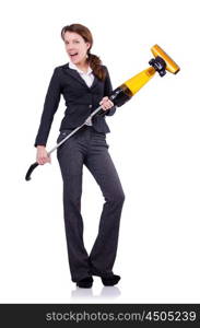 Young woman with vacuum cleaner on white