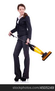 Young woman with vacuum cleaner on white