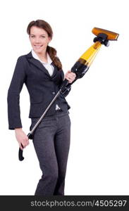 Young woman with vacuum cleaner on white