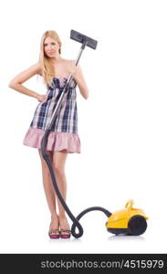 Young woman with vacuum cleaner on white