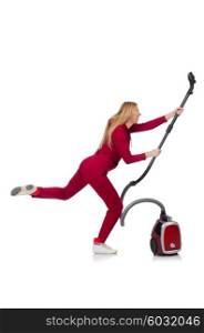 Young woman with vacuum cleaner on white