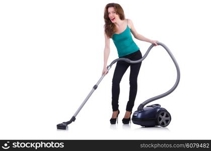 Young woman with vacuum cleaner on white